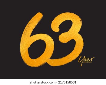 Gold 63 Years Anniversary Celebration Vector Template, 63 Years  logo design, 63th birthday, Gold Lettering Numbers brush drawing hand drawn sketch, number logo design vector illustration