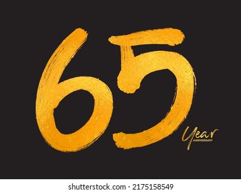 Gold 65 Years Anniversary Celebration Vector Template, 65 Years  logo design, 65th birthday, Gold Lettering Numbers brush drawing hand drawn sketch, number logo design vector illustration