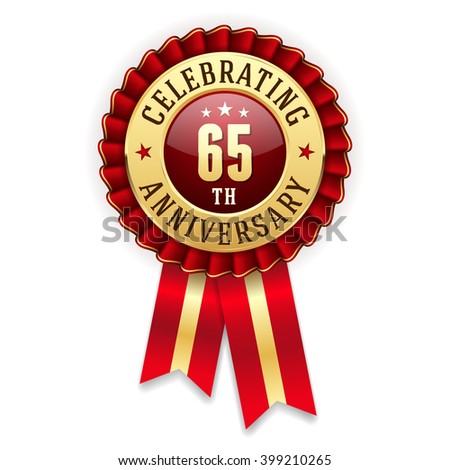 Gold 65th anniversary rosette, badge with red ribbon on white background