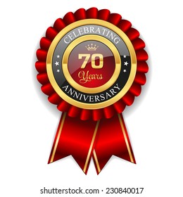 Gold 70 years anniversary badge with red ribbon on white background