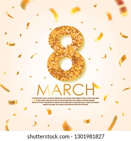 Gold 8 March with Scattered Gold Confettis. International Women's Day Vector Design.