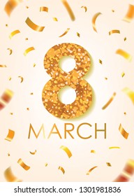 Gold 8 March with Scattered Gold Confettis. International Women's Day Vector Design.