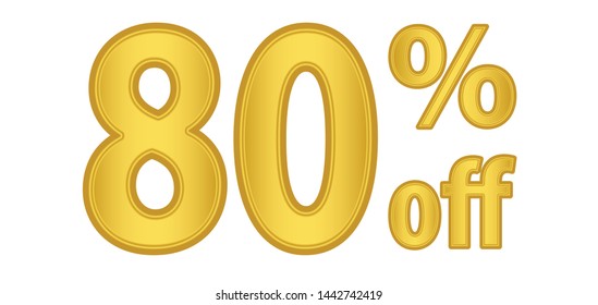Gold 80% off Percent Discount Sign, Discount offer price label,  golden text 80 percent off
