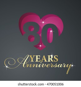 Gold 80 years anniversary red heart black background