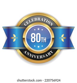 Gold 80th anniversary badge with blue ribbon on white background