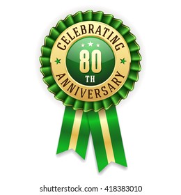 Gold 80th anniversary rosette, badge with green ribbon on white background