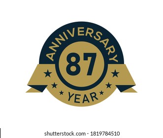 Gold 87 years anniversary badge with banner image, Anniversary logo with golden isolated on white background