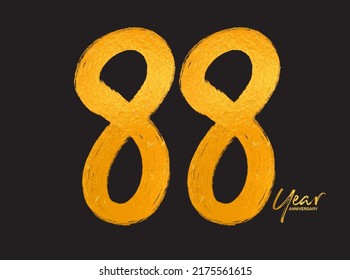 Gold 88 Years Anniversary Celebration Vector Template, 88 Years  logo design, 88th birthday, Gold Lettering Numbers brush drawing hand drawn sketch, number logo design vector illustration
