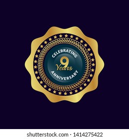 gold 9 years anniversary badge,label,sticker 