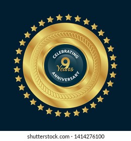 gold 9 years anniversary badge,label,sticker 
