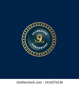 gold 9 years anniversary badge,label,sticker 