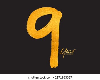 Gold 9 Years Anniversary Celebration Vector Template, 9 Years  logo design, 9th birthday, Gold Lettering Numbers brush drawing hand drawn sketch, number logo design vector illustration