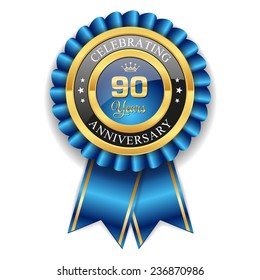Gold 90 years anniversary badge with red ribbon on white background