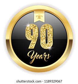 Gold 90 years, anniversary button with gold letters