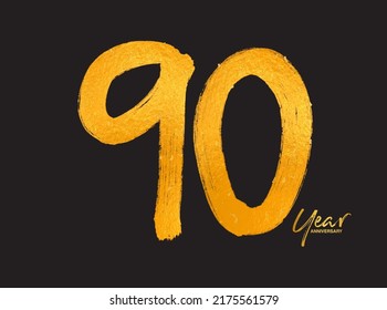Gold 90 Years Anniversary Celebration Vector Template, 90 Years  logo design, 90th birthday, Gold Lettering Numbers brush drawing hand drawn sketch, number logo design vector illustration