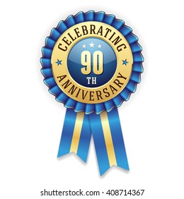 Gold 90th anniversary rosette, badge with blue ribbon on white background