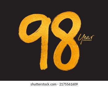 Gold 98 Years Anniversary Celebration Vector Template, 98 Years  logo design, 98th birthday, Gold Lettering Numbers brush drawing hand drawn sketch, number logo design vector illustration