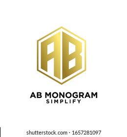 gold ab, ba, a b initial monogram hexagon letter logo design