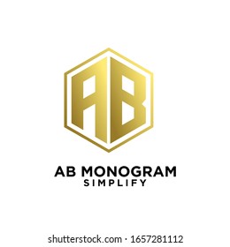 gold ab, ba, a b initial monogram hexagon letter logo design