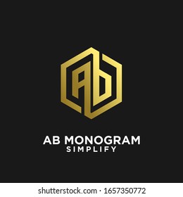 gold ab, ba, a b initial monogram hexagon letter black logo design with black background