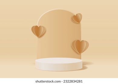 Gold abstract 3D scene for presentation product, White cylinder stand for displaying products decorated with golden paper cut hearts, Vector background illustration