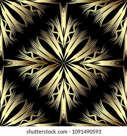 Gold abstract 3d vetor seamless pattern. Modern trendy background. Radial striped shapes, lines, waves.  Surface texture. Ornamental geometric stylish design for wallpapers, panel, fabric, prints