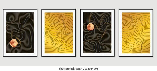 Vector de fondo de arte Gold Resumen. Papel tapiz de arte de la línea de la naturaleza moderna.  Ilustraciones minimalistas pintadas a mano con textura de mancha de color agua y textura de línea para deco doméstico, arte de pared.
