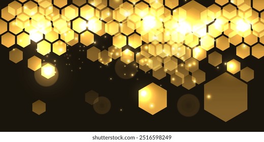 Ouro abstrato fundo.Hexagonal hi-tech fundo.Luz efeito brilha no fundo preto.