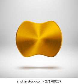 Gold abstract badge, blank button template with metal texture (chrome, silver, steel), realistic shadow and light background for web user interfaces, UI, applications and apps. Vector illustration.