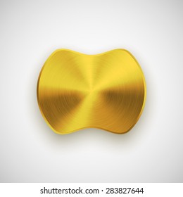 Gold abstract badge, blank button template with metal texture (chrome, silver, steel), realistic shadow and light background for web user interfaces, UI, applications and apps. Vector illustration.