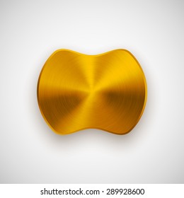 Gold abstract badge, blank button template with metal texture (chrome, silver, steel), realistic shadow and light background for web user interfaces, UI, applications and apps. Vector illustration.