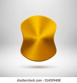 Gold abstract badge, blank button template with metal texture, realistic shadow and light background. Vector illustration.