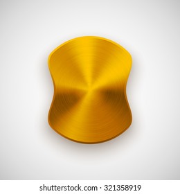 Gold abstract badge, blank button template with metal texture (chrome, silver, steel), realistic shadow and light background for web user interfaces, UI, applications and apps. Vector illustration.