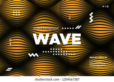 Gold Abstract Banner with Ripple Effect. Linear Background with Movement. 3d Striped Poster with Distortion of Surface. Vector Wave Template for Brochure, Business, Banner. Flow Metallic Lines Concept