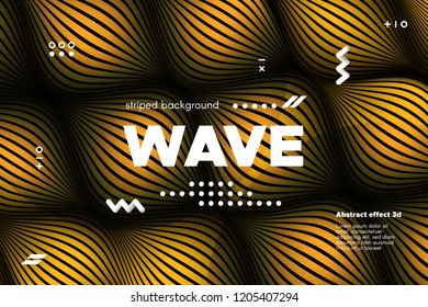 Gold Abstract Banner with Ripple Effect. Linear Background with Movement. 3d Striped Poster with Distortion of Surface. Vector Wave Template for Brochure, Business, Banner. Flow Metallic Lines Concept
