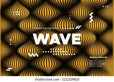 Gold Abstract Banner with Ripple Effect. Linear Background with Movement. 3d Striped Poster with Distortion of Surface. Vector Wave Template for Brochure, Business, Banner. Flow Metallic Lines Concept