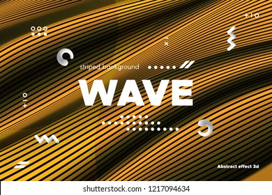 Gold Abstract Banner with Ripple Effect. Linear Background with Movement. 3d Striped Poster with Distortion of Surface. Vector Wave Template for Brochure, Business, Banner. Flow Metallic Lines Concept