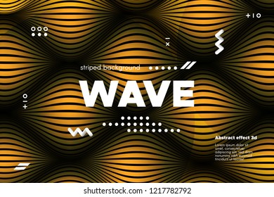 Gold Abstract Banner with Ripple Effect. Linear Background with Movement. 3d Striped Poster with Distortion of Surface. Vector Wave Template for Brochure, Business, Banner. Flow Metallic Lines Concept