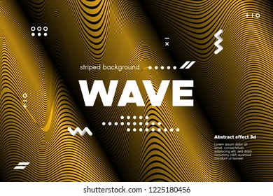 Gold Abstract Banner with Ripple Effect. Linear Background with Movement. 3d Striped Poster with Distortion of Surface. Vector Wave Template for Brochure, Business, Banner. Flow Metallic Lines Concept