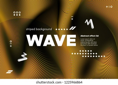 Gold Abstract Banner with Ripple Effect. Linear Background with Movement. 3d Striped Poster with Distortion of Surface. Vector Wave Template for Brochure, Business, Banner. Flow Metallic Lines Concept