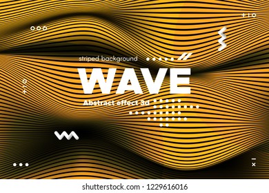 Gold Abstract Banner with Ripple Effect. Linear Background with Movement. 3d Striped Poster with Distortion of Surface. Vector Wave Template for Brochure, Business, Banner. Flow Metallic Lines Concept