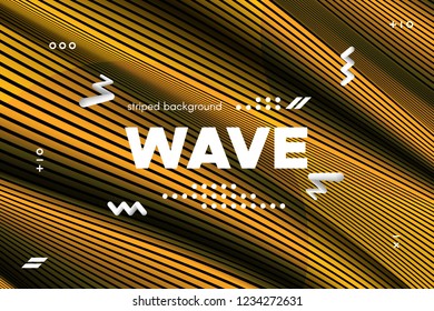 Gold Abstract Banner with Ripple Effect. Linear Background with Movement. 3d Striped Poster with Distortion of Surface. Vector Wave Template for Brochure, Business, Banner. Flow Metallic Lines Concept