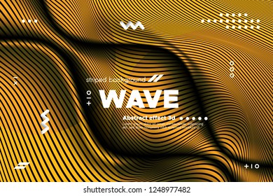 Gold Abstract Banner with Ripple Effect. Linear Background with Movement. 3d Striped Poster with Distortion of Surface. Vector Wave Template for Brochure, Business, Banner. Flow Metallic Lines Concept