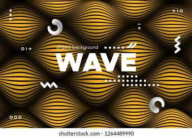 Gold Abstract Banner with Ripple Effect. Linear Background with Movement. 3d Striped Poster with Distortion of Surface. Vector Wave Template for Brochure, Business, Banner. Flow Metallic Lines Concept