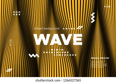 Gold Abstract Banner with Ripple Effect. Linear Background with Movement. 3d Striped Poster with Distortion of Surface. Vector Wave Template for Brochure, Business, Banner. Flow Metallic Lines Concept