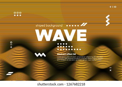 Gold Abstract Banner with Ripple Effect. Linear Background with Movement. 3d Striped Poster with Distortion of Surface. Vector Wave Template for Brochure, Business, Banner. Flow Metallic Lines Concept