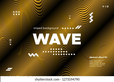 Gold Abstract Banner with Ripple Effect. Linear Background with Movement. 3d Striped Poster with Distortion of Surface. Vector Wave Template for Brochure, Business, Banner. Flow Metallic Lines Concept