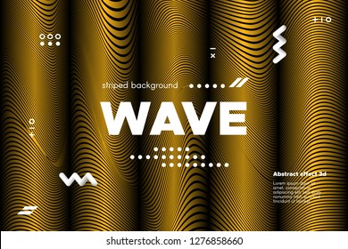 Gold Abstract Banner with Ripple Effect. Linear Background with Movement. 3d Striped Poster with Distortion of Surface. Vector Wave Template for Brochure, Business, Banner. Flow Metallic Lines Concept