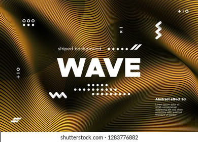 Gold Abstract Banner with Ripple Effect. Linear Background with Movement. 3d Striped Poster with Distortion of Surface. Vector Wave Template for Brochure, Business, Banner. Flow Metallic Lines Concept