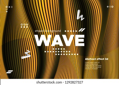 Gold Abstract Banner with Ripple Effect. Linear Background with Movement. 3d Striped Poster with Distortion of Surface. Vector Wave Template for Brochure, Business, Banner. Flow Metallic Lines Concept